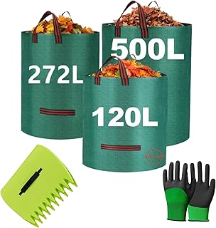 Krukmak - Lot de 3 sacs de jardin 120L 272L 500L + ramasse-feuille + gants – Sacs de déchets verts pliables, solides et réutilisables pour feuilles mortes, tonte et jardinage - Kit Complet