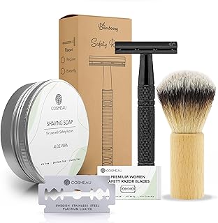 Bamboozy Rasoir de Sureté Kit de Démarrage - Set de Rasage avec 20 Lames, Savon de Rasage et Blaireau de Rasage - Aluminium - Sans Plastique & Zéro Déchet - Rasoir à Double Tranchant (Noir)