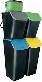 Set de Poubelles de Cuisine Avec Couvercle, 2x 35L + 2x 25L + 1x 4,5L Plastique Corbeilles tri Selectif, Bacs de Recyclage de Biodégradable, Empilable, Fonction de Clic, Conteneur à Déchets